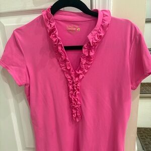 Lilly Pulitzer UPF 50 Luxletic Frida Ruffle Polo Top Pink Isle SMALL EUC